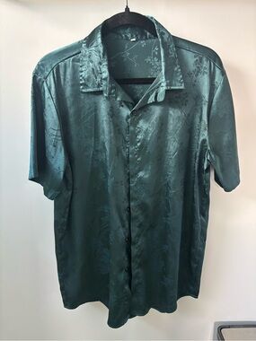 SHEIN Teal Short-Sleeve Satin Button-Up Shirt
